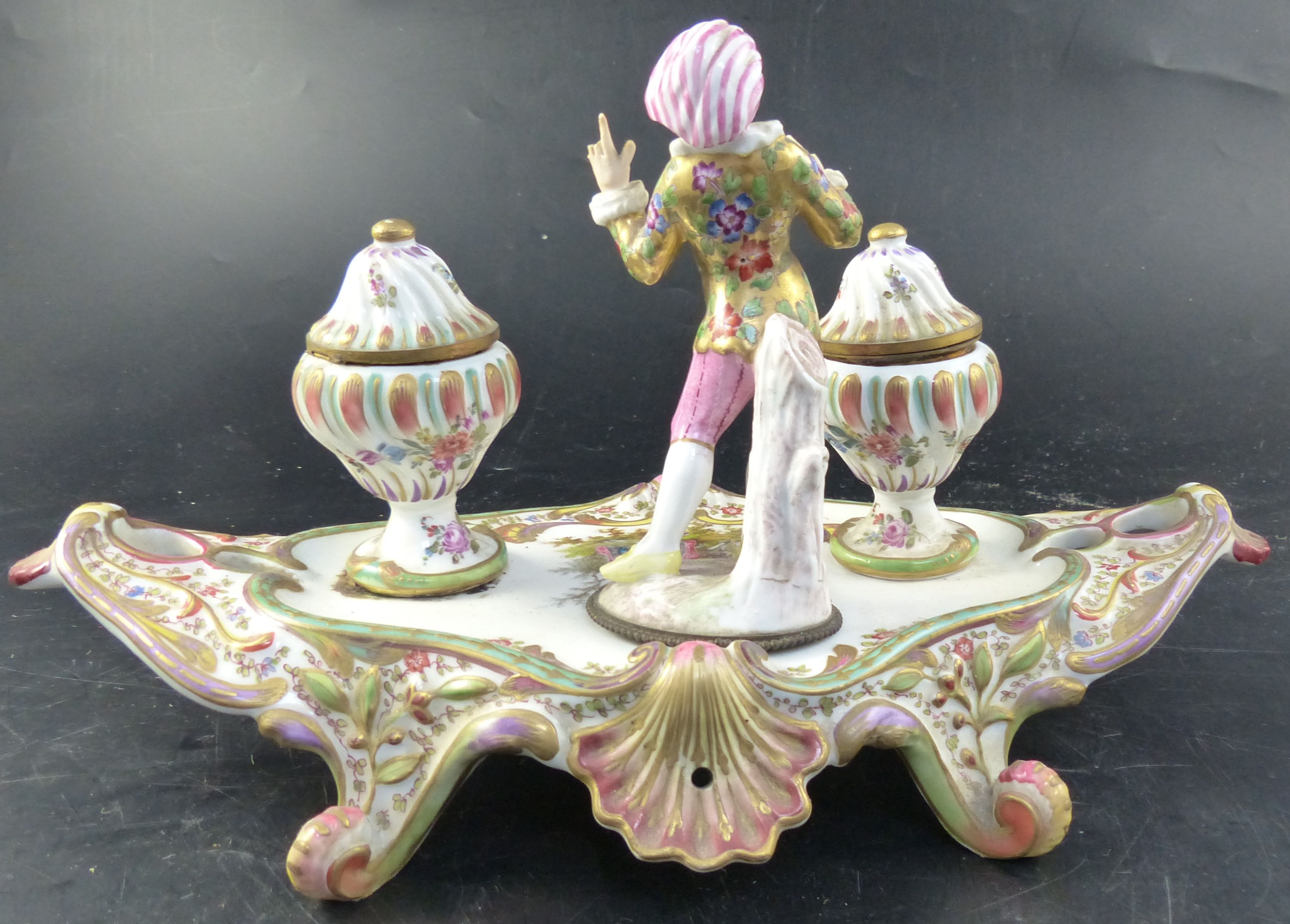 A late 19th / early 20th century Vienna porcelain inkstand, width 33cm height 18cm